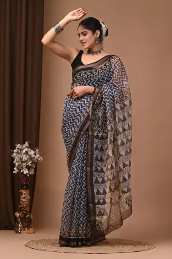 Premium Handcrafted Kota Doriya Saree – Hand Block Printed (Dabu, Bagru, Jahota) with Blouse Piece