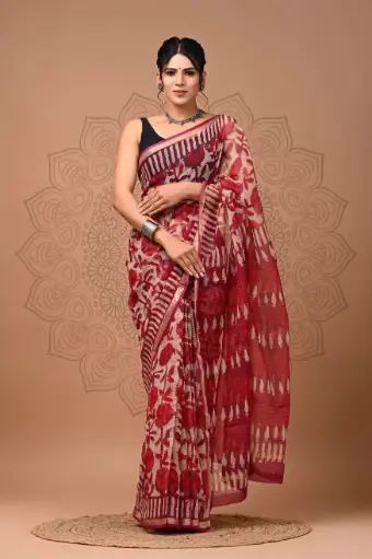 Premium Handcrafted Kota Doriya Saree – Hand Block Printed (Dabu, Bagru, Jahota) with Blouse Piece