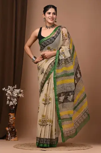 Premium Handcrafted Kota Doriya Saree – Hand Block Printed (Dabu, Bagru, Jahota) with Blouse Piece