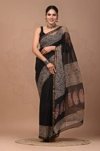 Premium Handcrafted Kota Doriya Saree – Hand Block Printed (Dabu, Bagru, Jahota) with Blouse Piece