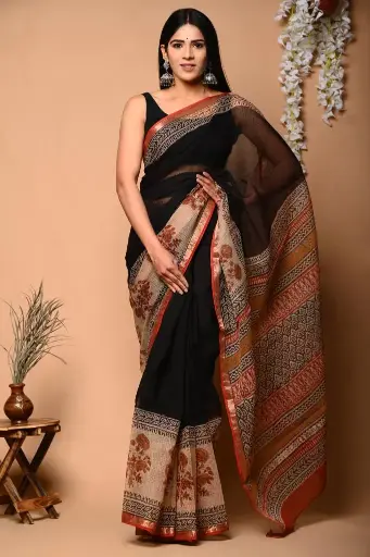 Premium Handcrafted Kota Doriya Saree – Hand Block Printed (Dabu, Bagru, Jahota) with Blouse Piece